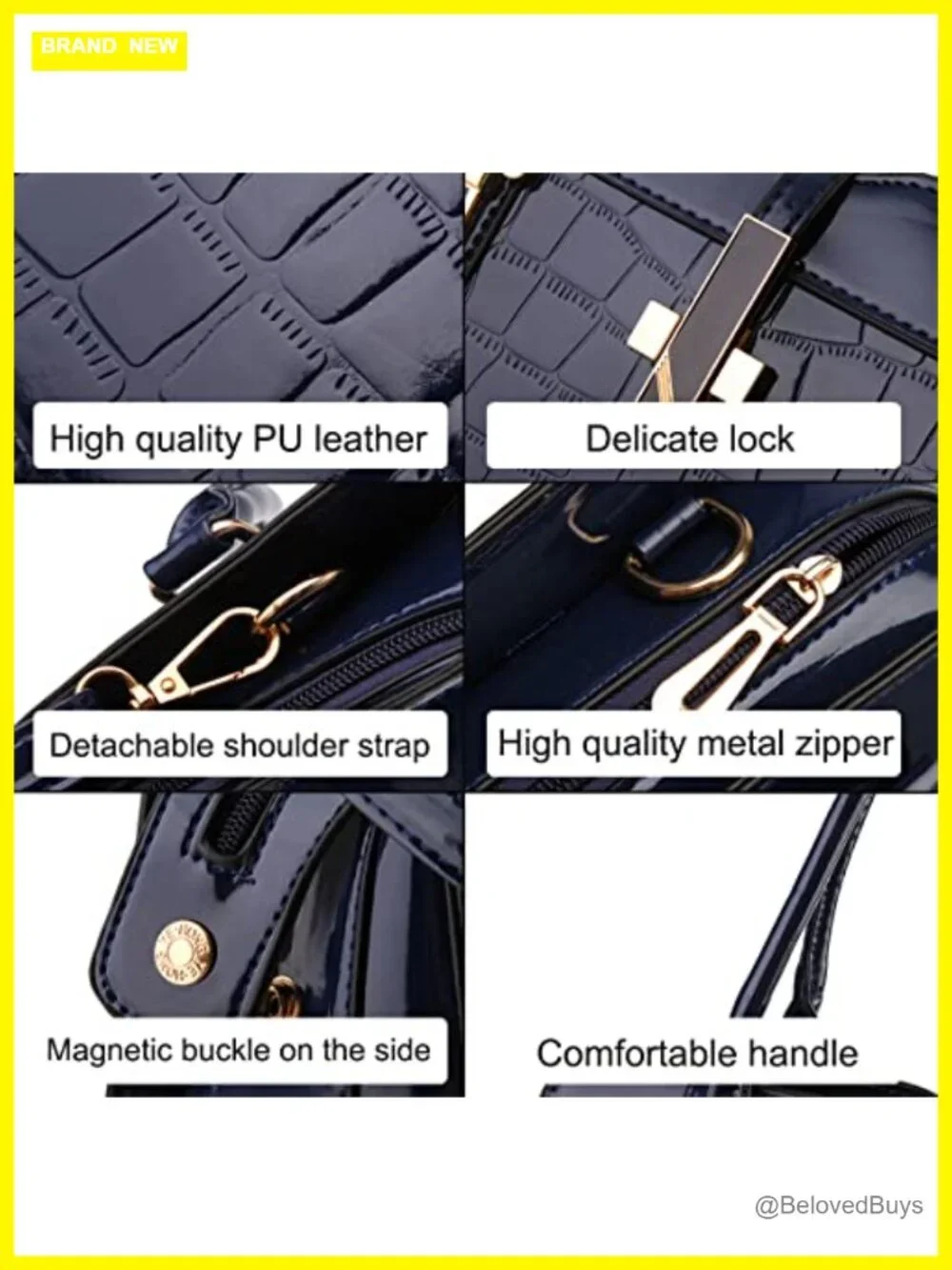 Patent Leather Satchel Handbag Women Tote Crocodile Pattern Top-Handle Shoulder
